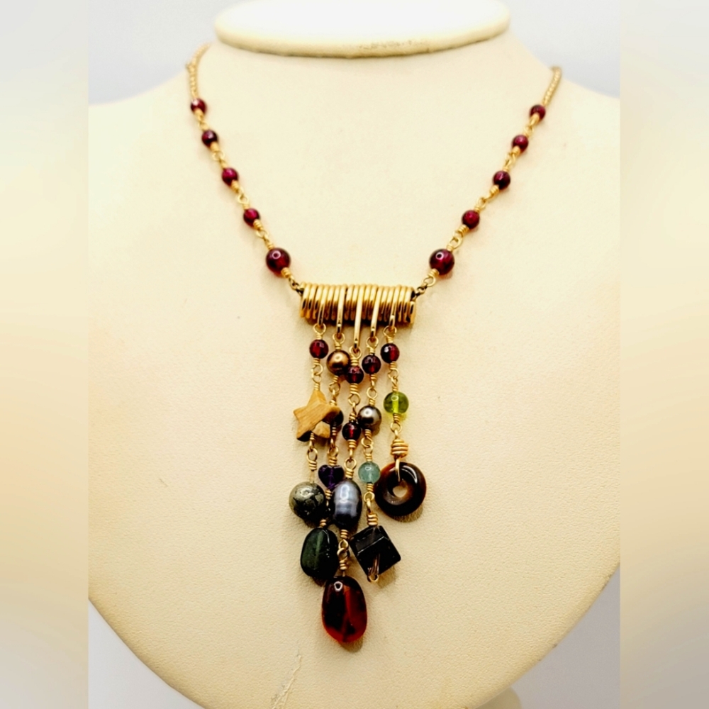Gold Filled Multi Stone Chain Dangle Bohemian Necklace 20in